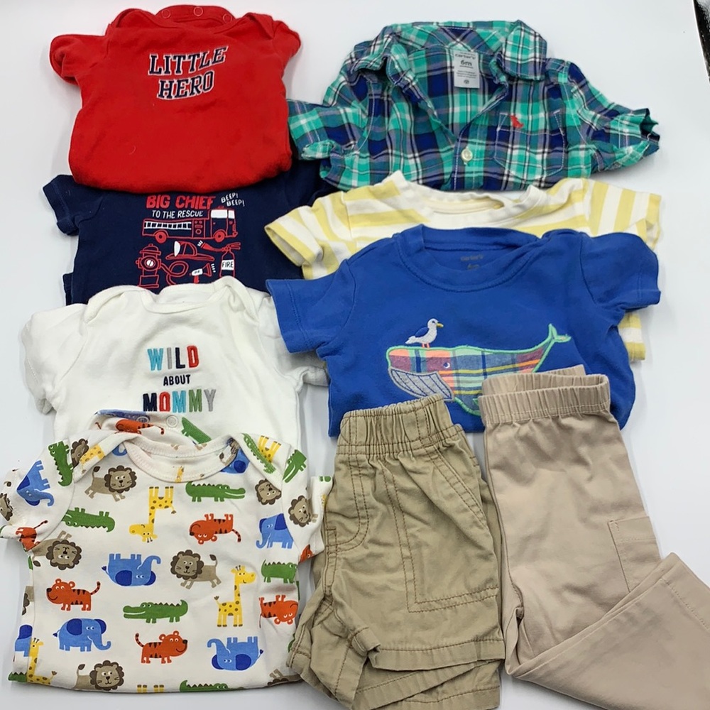6 mo Boy bundle. Of 9 pants inside shirts carters
